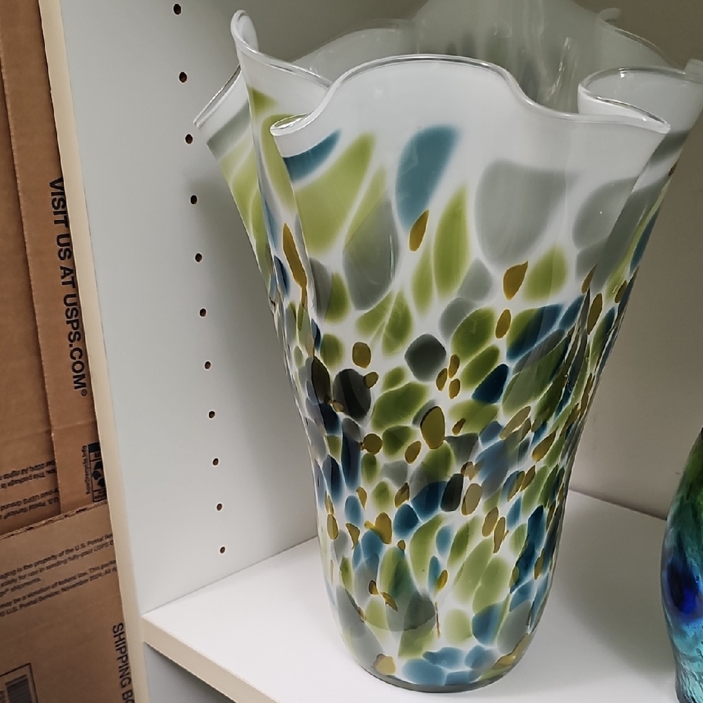 Brand New Artistic Glass Vase with Green ,Blue And Gold Accents 13"H